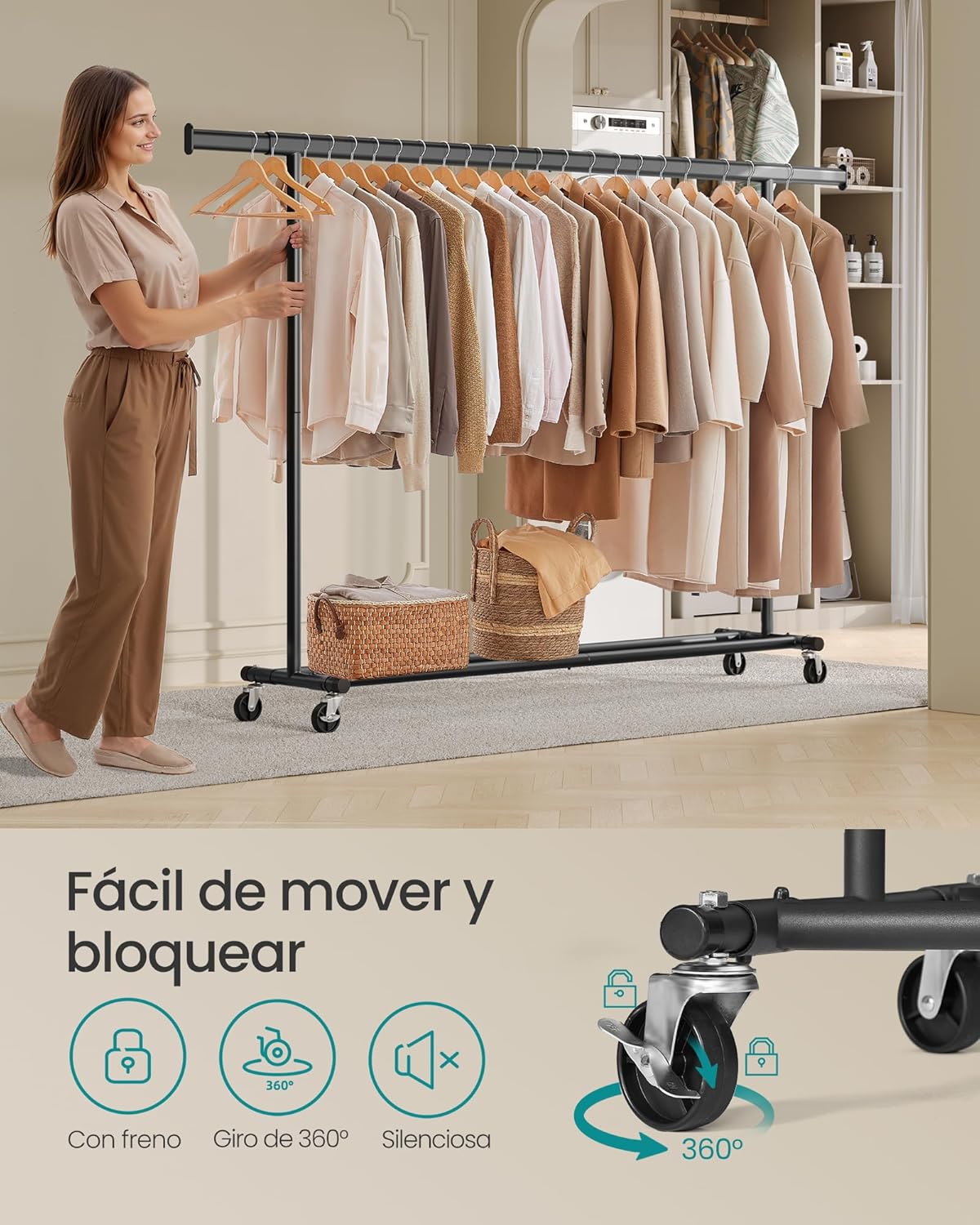 Burros para Ropa Resistentes, 160-200x45x161,5 cm, Extensible con Carga 150 kg, Perchero con Ruedas, Portátil, Negro, Songmics, 5