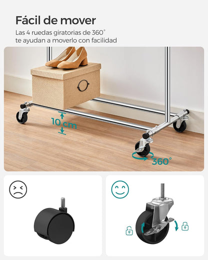 Songmics Perchero Industrial con Ruedas, Ajustable, Capacidad de Carga de 90 kg