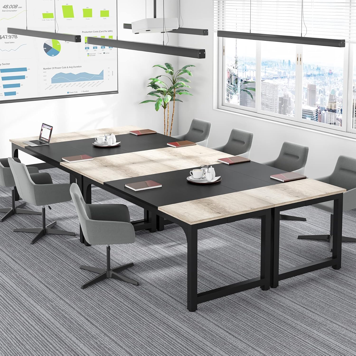 Escritorio, 180x80x75cm, mesa ordenador, Mesa Oficina, Mesa de reuniones oficina, Gris negro, Tribesigns, 6
