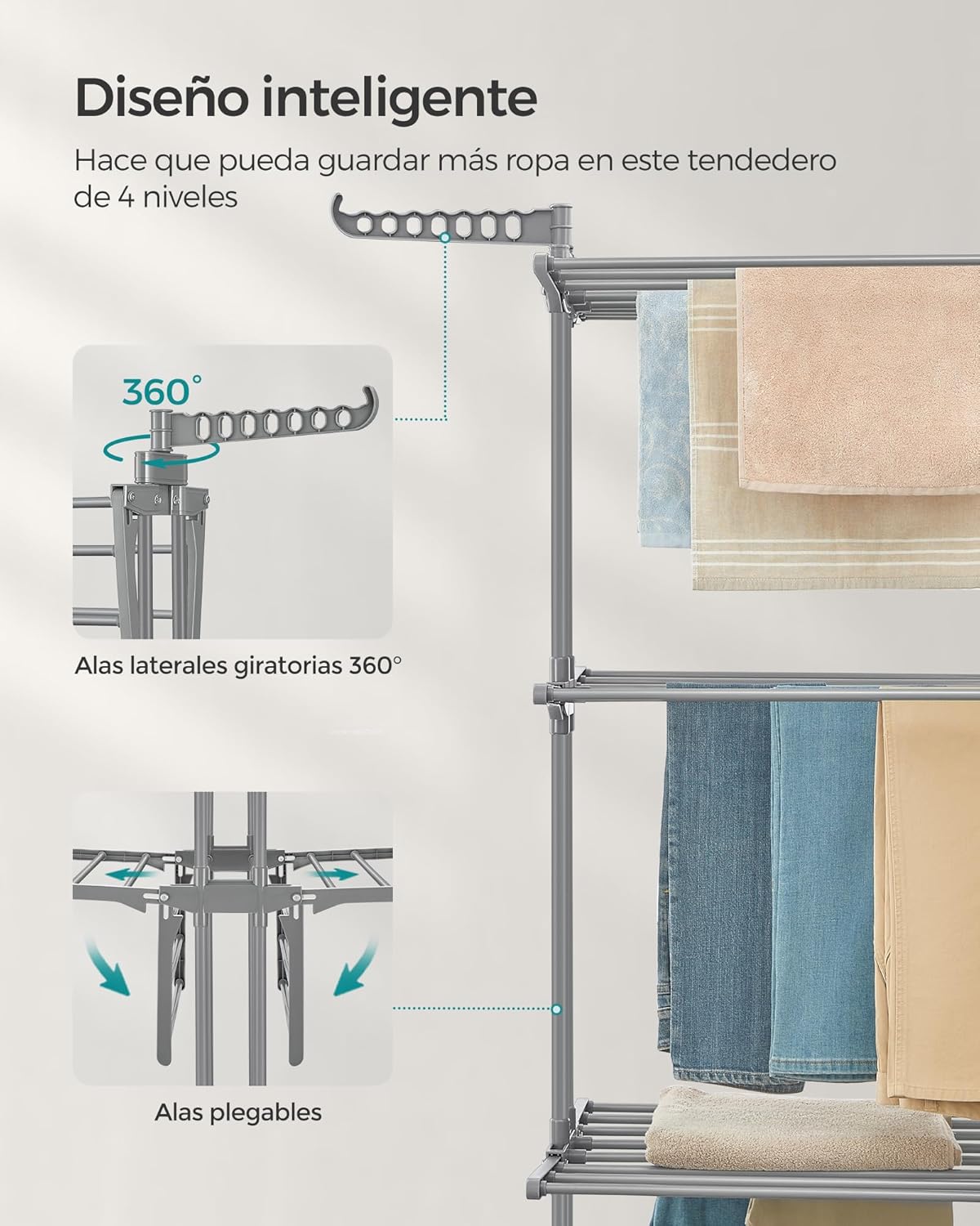 Tendedero Plegable, 4 Niveles, 128x63,5x173 cm, Tendedero Vertical, con Ruedas, Alas Plegables, Tendedero Portatil, Gris, Songmics, 5