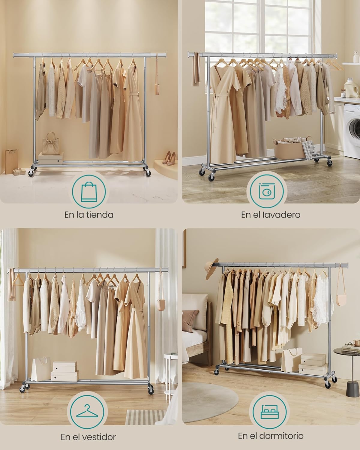 Burros para Ropa Resistentes, 160-200x45x161,5 cm, Extensible con Carga 150 kg, Perchero con Ruedas, Plata, Songmics, 7