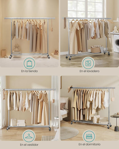 Burros para Ropa Resistentes, 160-200x45x161,5 cm, Extensible con Carga 150 kg, Perchero con Ruedas, Plata, Songmics, 7
