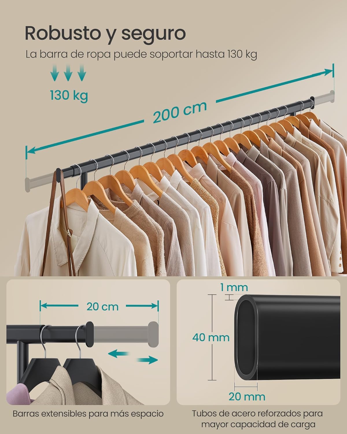 Burros para Ropa Resistentes, 160-200x45x161,5 cm, Extensible con Carga 150 kg, Perchero con Ruedas, Portátil, Negro, Songmics, 4