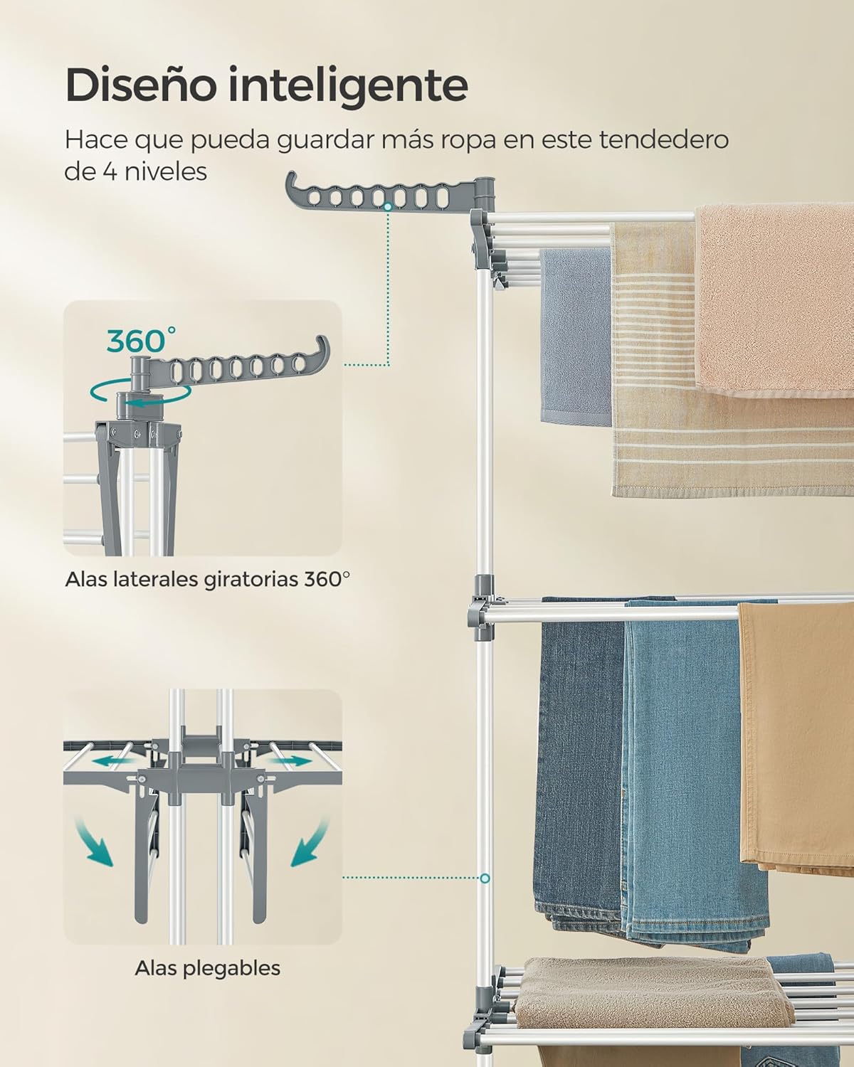 Tendedero Plegable, 4 Niveles, 128x63,5x173 cm, Tendedero Vertical, con Ruedas, Alas Plegables, Tendedero Portatil, Blanco, Songmics, 5