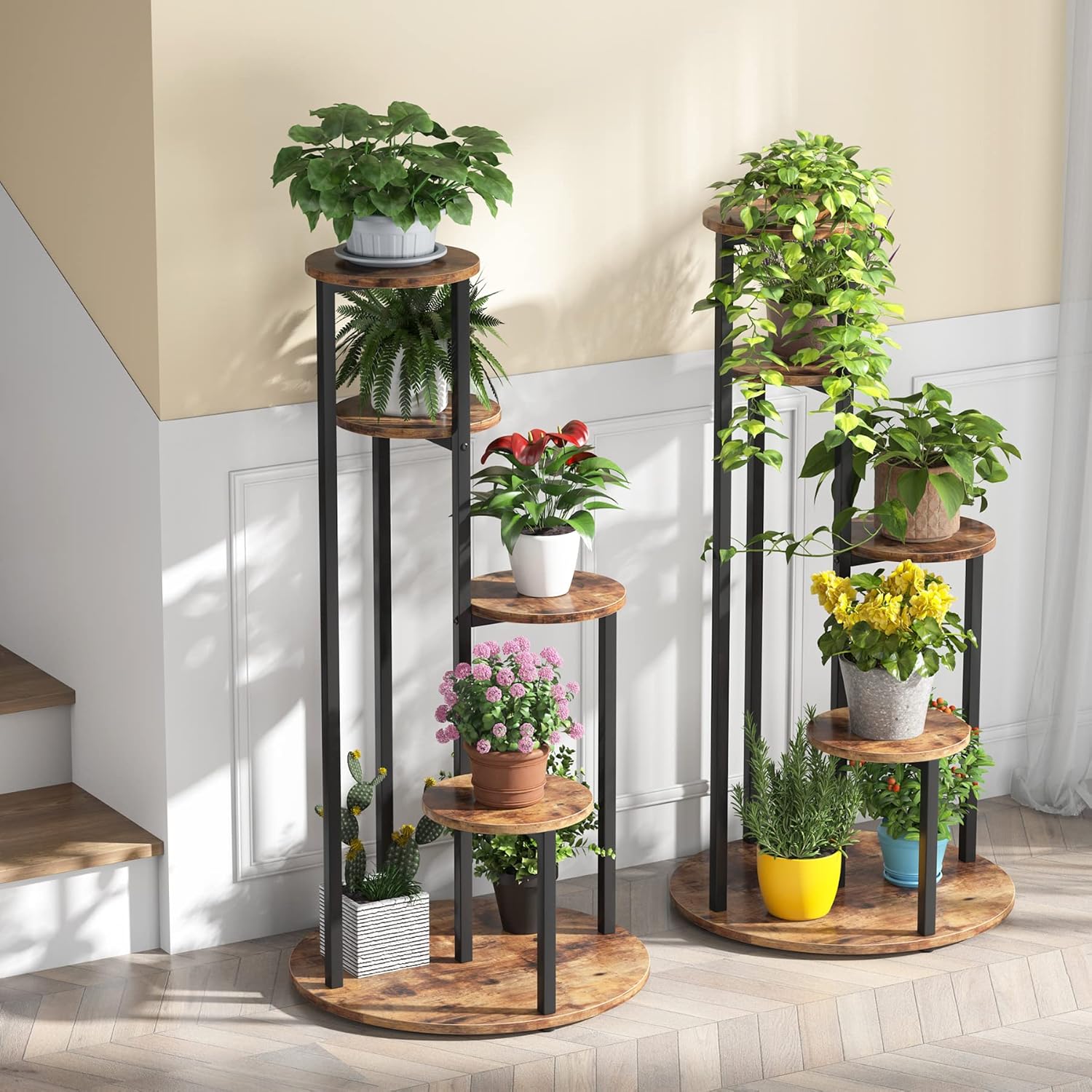 Soporte para Plantas, 5 niveles, Estanteria para plantas, 50x50x104cm, Soporte Macetas, Marrón Negro, Tribesigns, 3