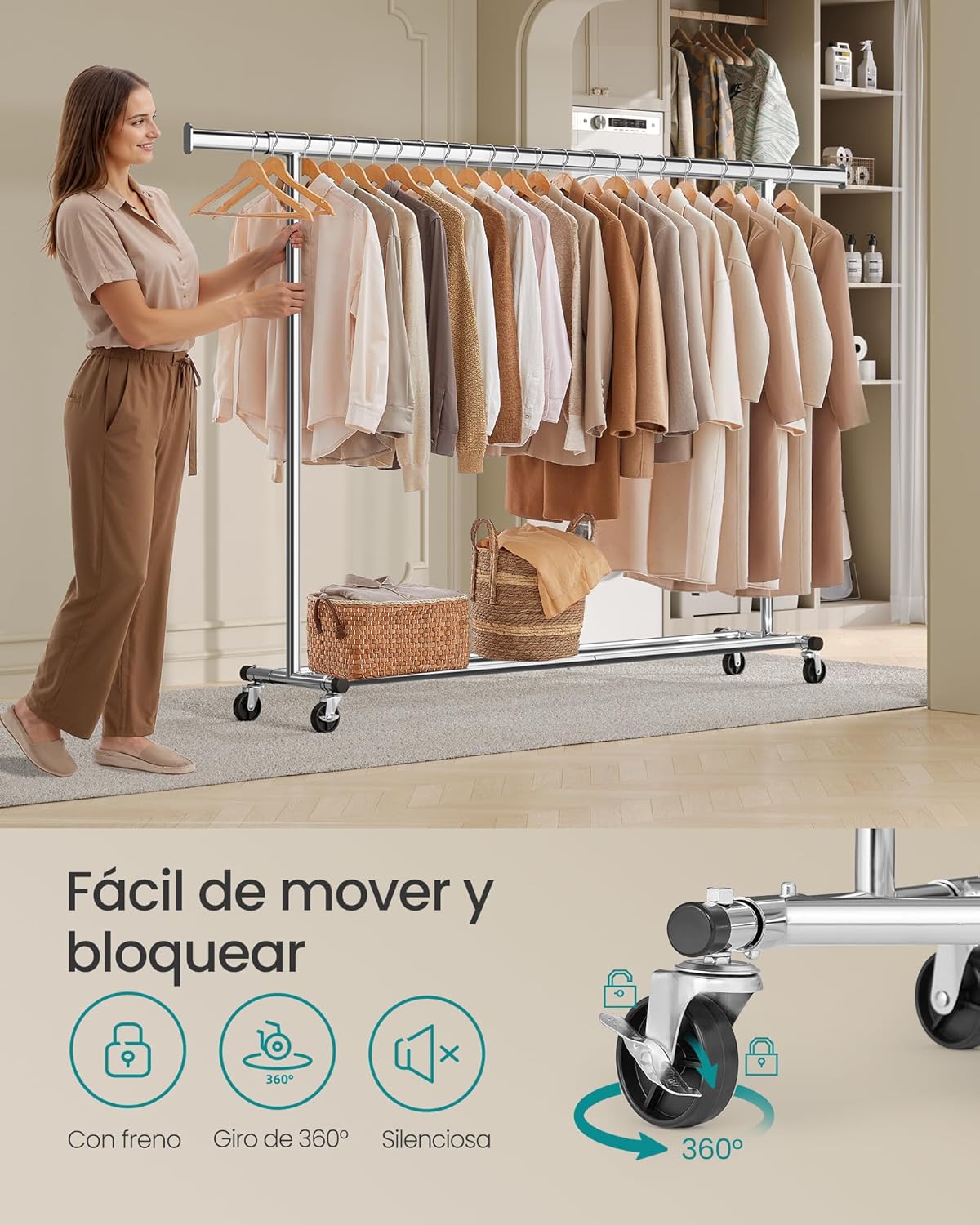 Burros para Ropa Resistentes, 160-200x45x161,5 cm, Extensible con Carga 150 kg, Perchero con Ruedas, Plata, Songmics, 5