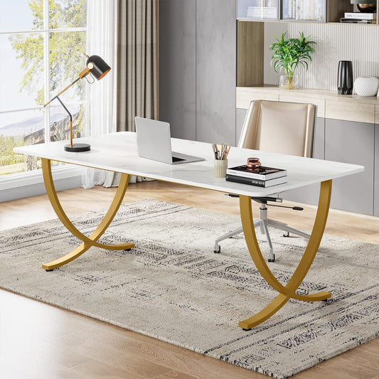Escritorio, 160x80x75cm, Mesa Ordenador, Mesa Oficina, Blanco y dorado, Tribesigns, 1
