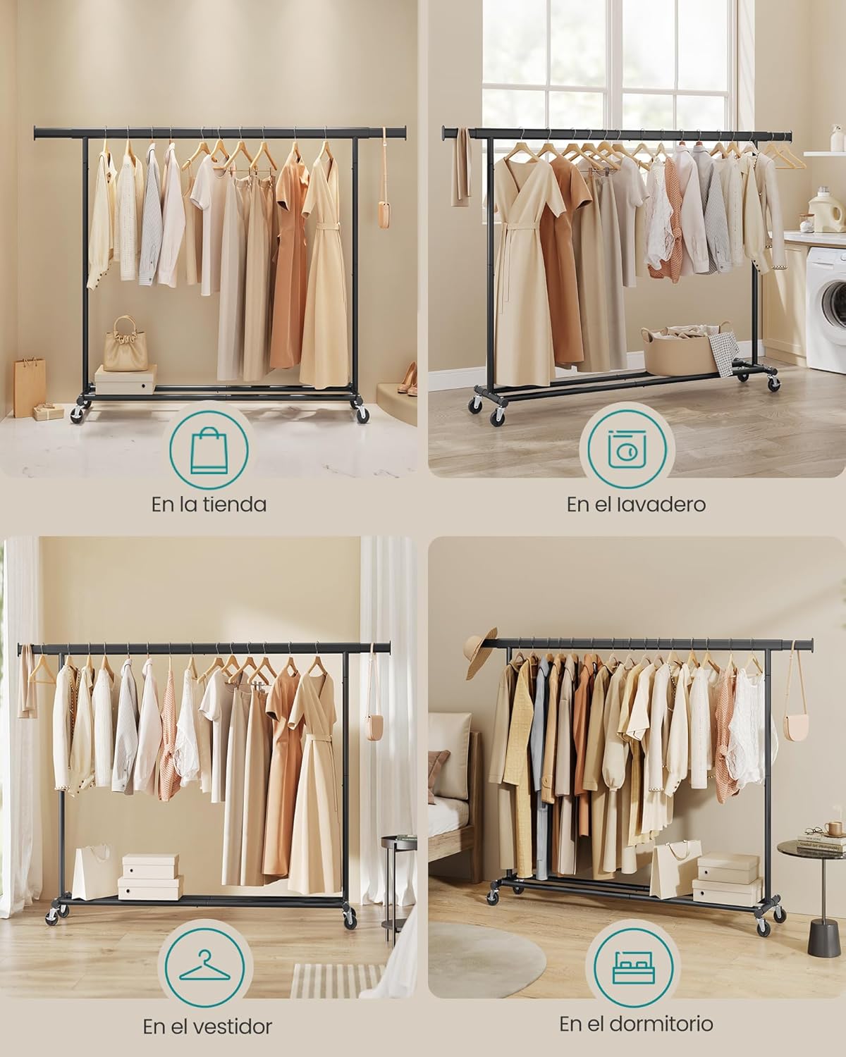 Burros para Ropa Resistentes, 160-200x45x161,5 cm, Extensible con Carga 150 kg, Perchero con Ruedas, Portátil, Negro, Songmics, 7