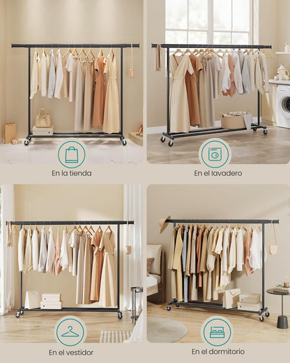 Burros para Ropa Resistentes, 160-200x45x161,5 cm, Extensible con Carga 150 kg, Perchero con Ruedas, Portátil, Negro, Songmics, 7