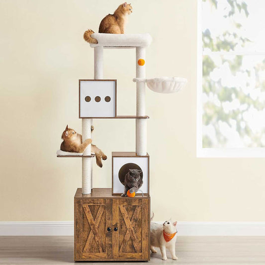 Arbol para Gatos, Rascador Gato, con Arenero, Arbol Rascador para Gatos, 185 cm, con Plataforma, Marrón Rústico, Feandrea, 1