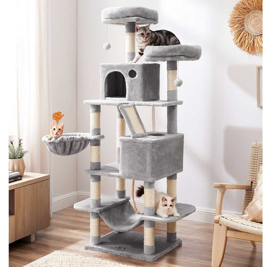 Arbol Rascador para Gatos, Rascador Gato, Árbol para gatos, 168 cm de Altura con 13 Poste, 2 Plataformas, Gris, Feandrea, 1