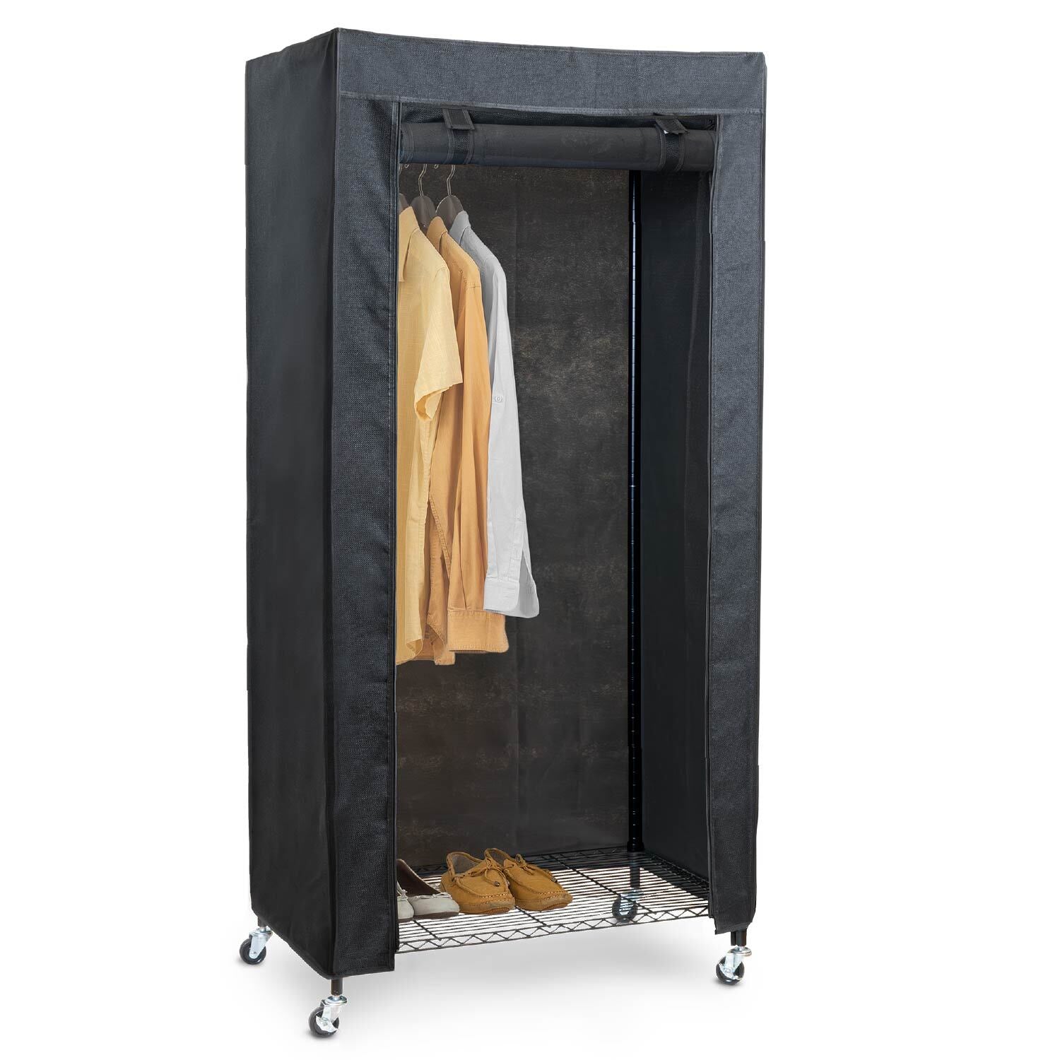 Armario de Tela, con Ruedas, Perchero Armario, 2 estantes, Hasta 70 kg, Armario Portátil, Algodón Negro, art moon Buffalo, 5