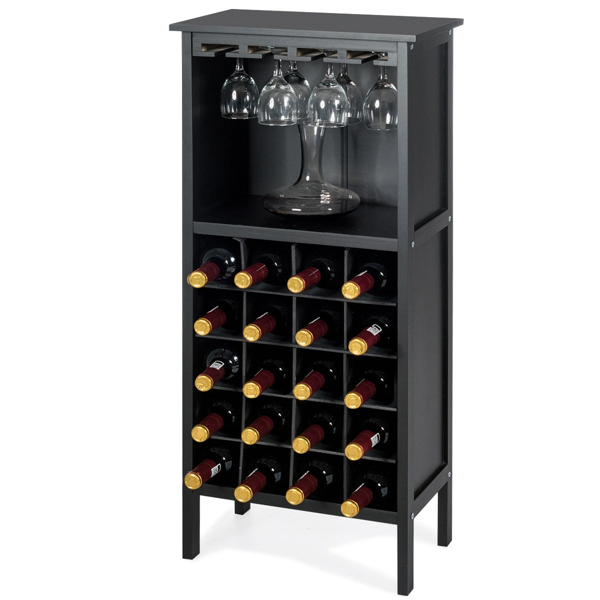 Botellero, Botellero vino, para 20 Botellas con Soporte de Copas, 24,5x42x96 cm, Madera de Pino, Negro, Costway, 1