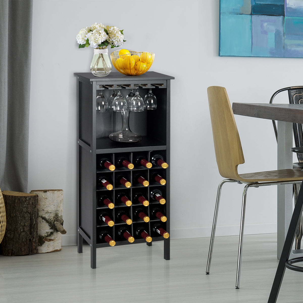 Botellero, Botellero vino, para 20 Botellas con Soporte de Copas, 24,5x42x96 cm, Madera de Pino, Negro, Costway, 2