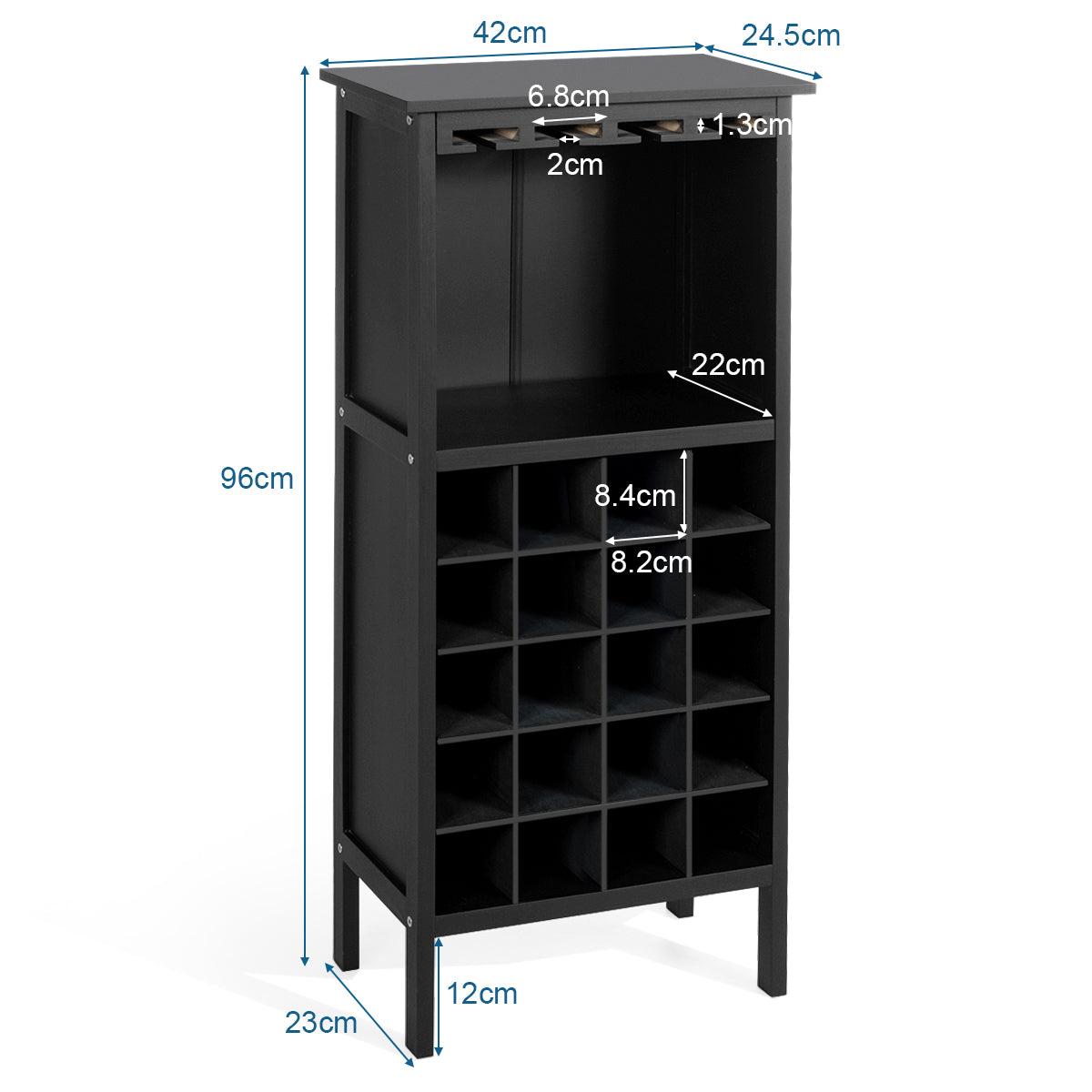 Botellero, Botellero vino, para 20 Botellas con Soporte de Copas, 24,5x42x96 cm, Madera de Pino, Negro, Costway, 3