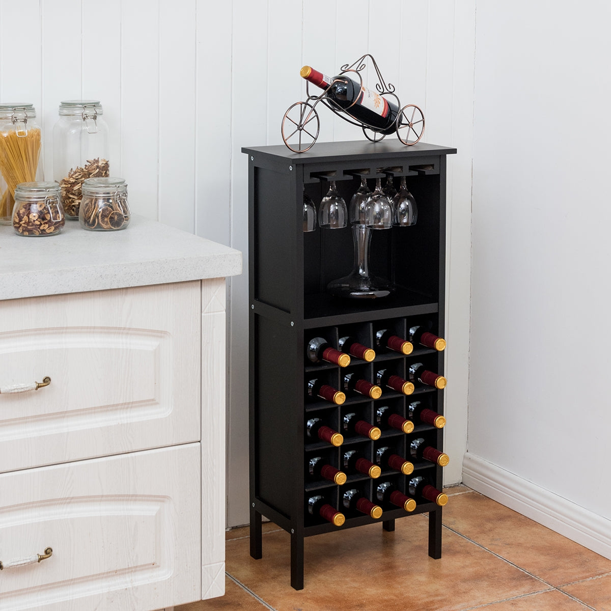Botellero, Botellero vino, para 20 Botellas con Soporte de Copas, 24,5x42x96 cm, Madera de Pino, Negro, Costway, 4