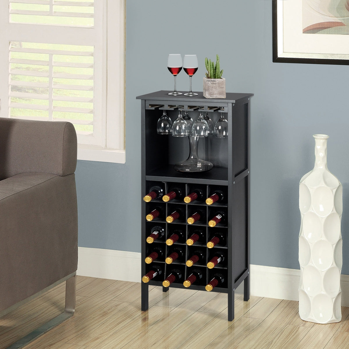 Botellero, Botellero vino, para 20 Botellas con Soporte de Copas, 24,5x42x96 cm, Madera de Pino, Negro, Costway, 6