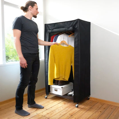 art moon Buffalo - Armario de Tela, con Ruedas, Perchero Armario, 2 Estantes, 70 kg, Burros para ropa Resistentes con Funda, Lino Negro, 75x45x156,5cm