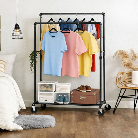 Burro Ropa, Perchero, Burro de Ropa Resistente, Perchero Burro, con ruedas, Metal, con 2 barras y estante, Tatkraft Pantera