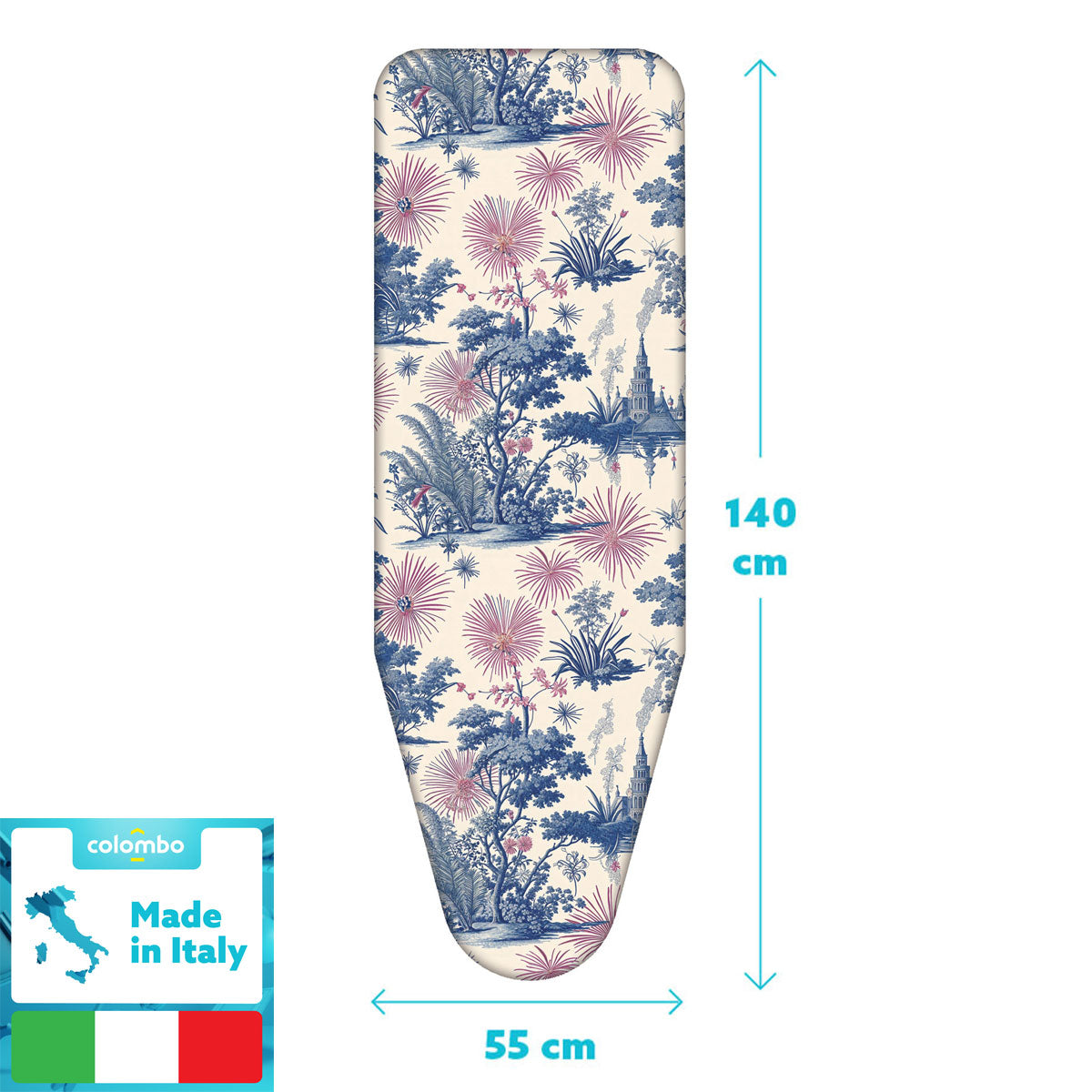 Funda Tabla Planchar, tamaño XL, 140×55 cm, 2 capas, algodón 100 % y molton, clip de fijación, Hecha en Italia, Colombo Spring Blossom, 3
