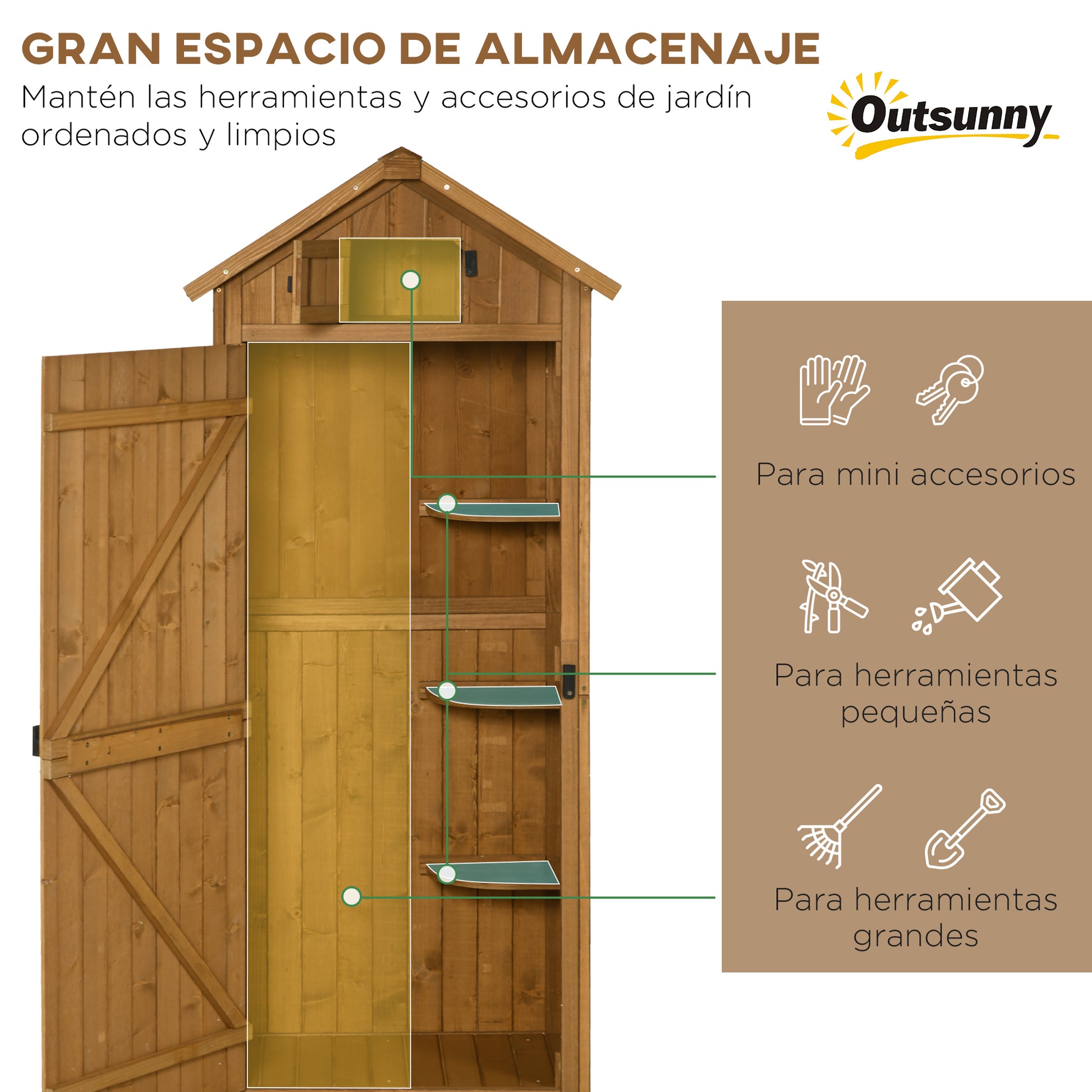 Cobertizo jardin, Cabaña de madera, Caleta garden, con 3 Estantes y 2 Puertas con Cerrojo para Patio Terraza Outsunny, 3
