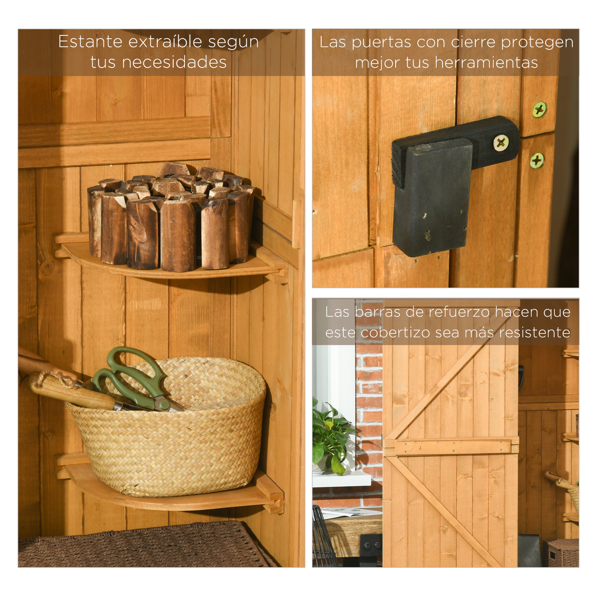 Cobertizo jardin, Cabaña de madera, Caleta garden, con 3 Estantes y 2 Puertas con Cerrojo para Patio Terraza Outsunny, 5