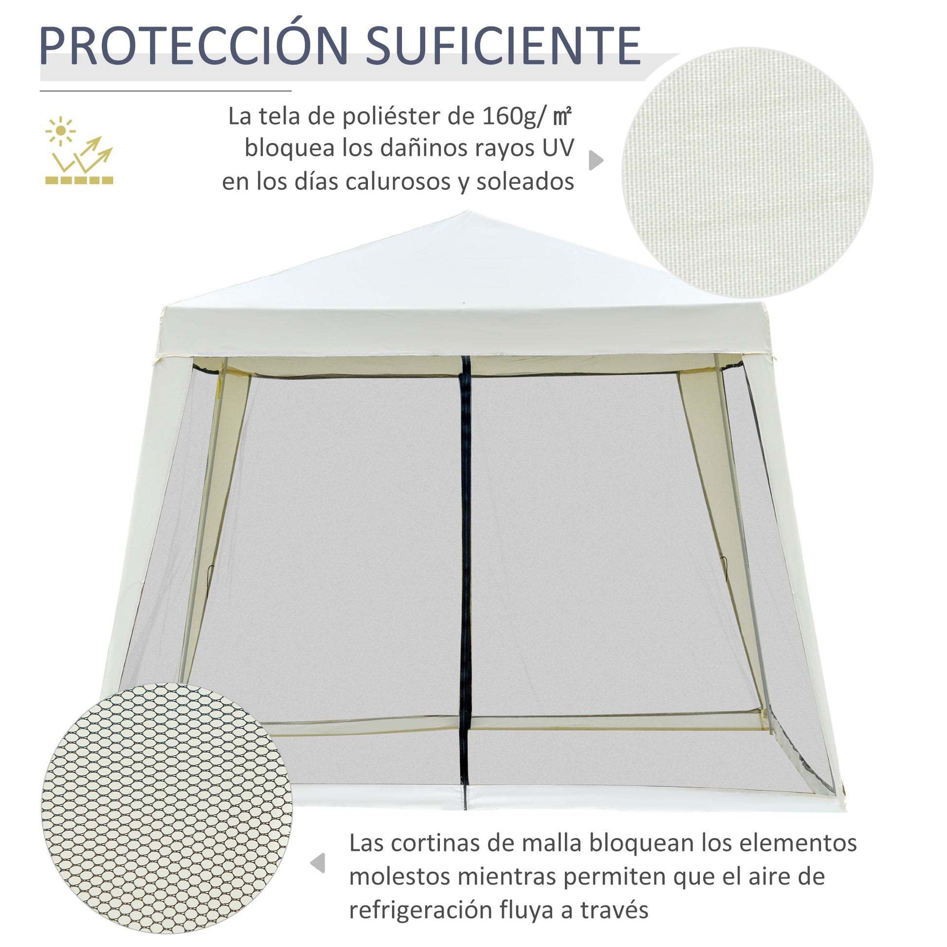 Carpa plegable 3x3, Carpa Jardin, Cenador Plegable, con 4 Partes Laterales Mosquitera con Cremallera Protección UV, Outsunny, 2