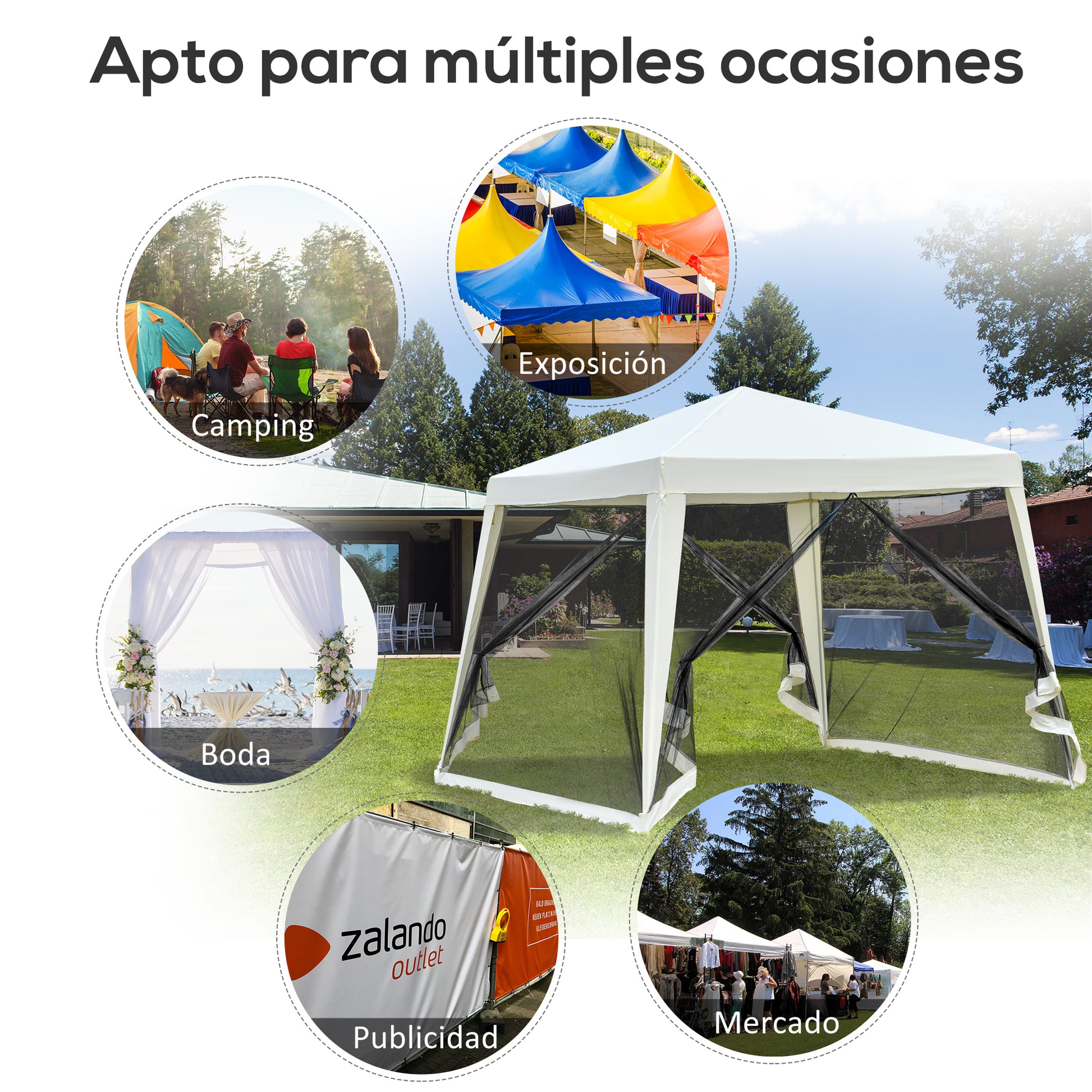 Carpa plegable 3x3, Carpa Jardin, Cenador Plegable, con 4 Partes Laterales Mosquitera con Cremallera Protección UV, Outsunny, 5