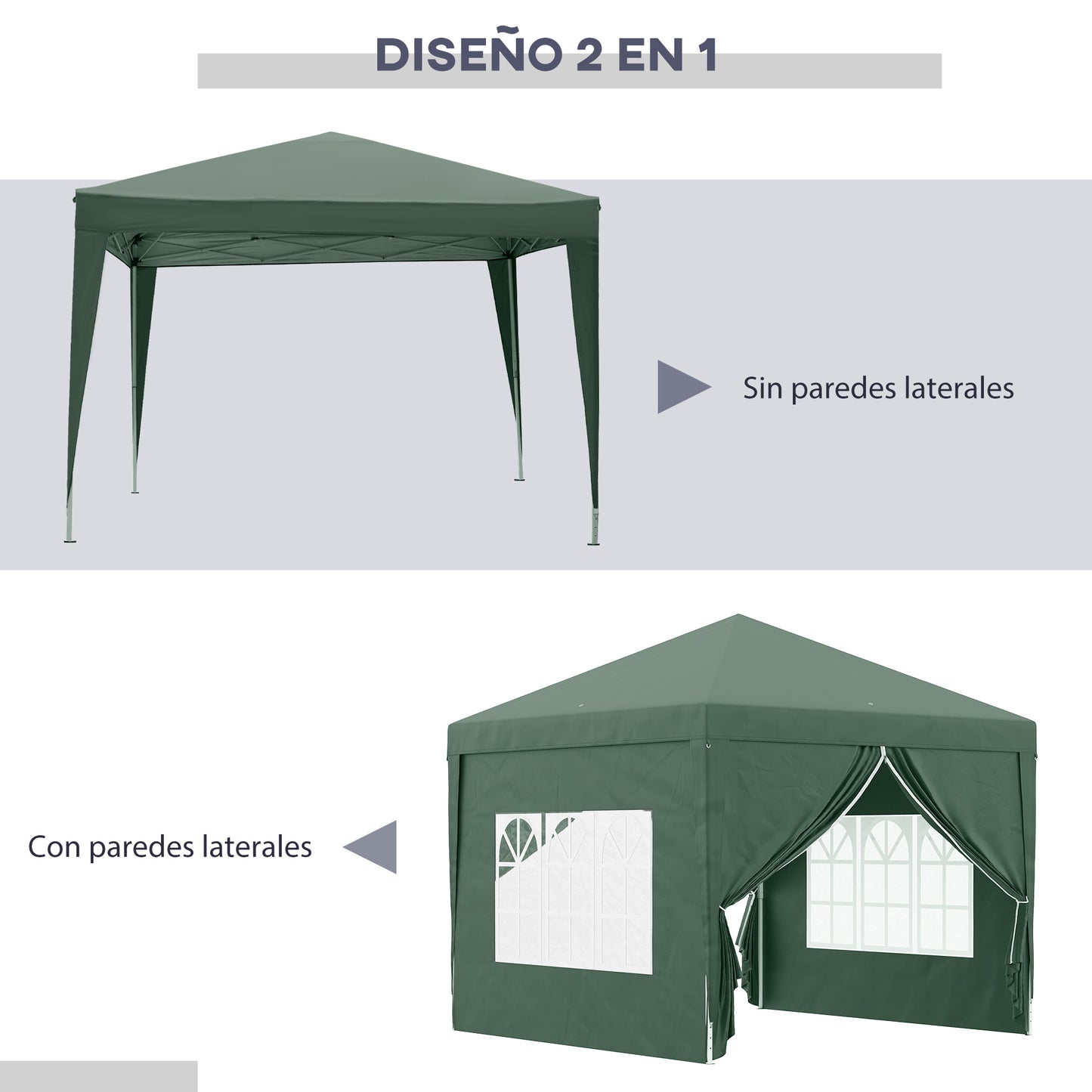 Carpa plegable 3x3, Cenador Jardín, Carpa Jardin, con 4 Paredes Desmontables Impermeable Protección UV, Verde, Outsunny, 2