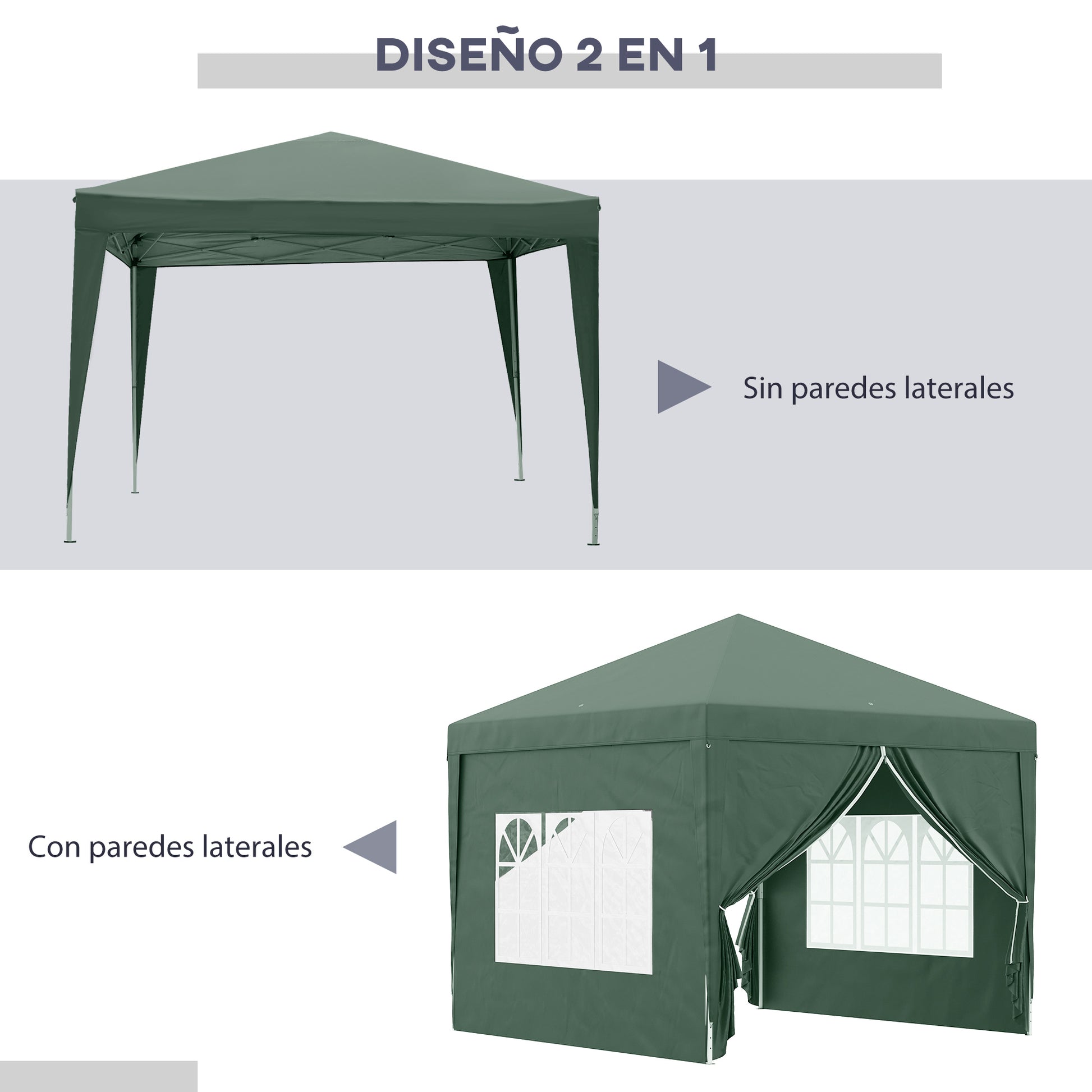 Carpa plegable 3x3, Cenador Jardín, Carpa Jardin, con 4 Paredes Desmontables Impermeable Protección UV, Verde, Outsunny, 2