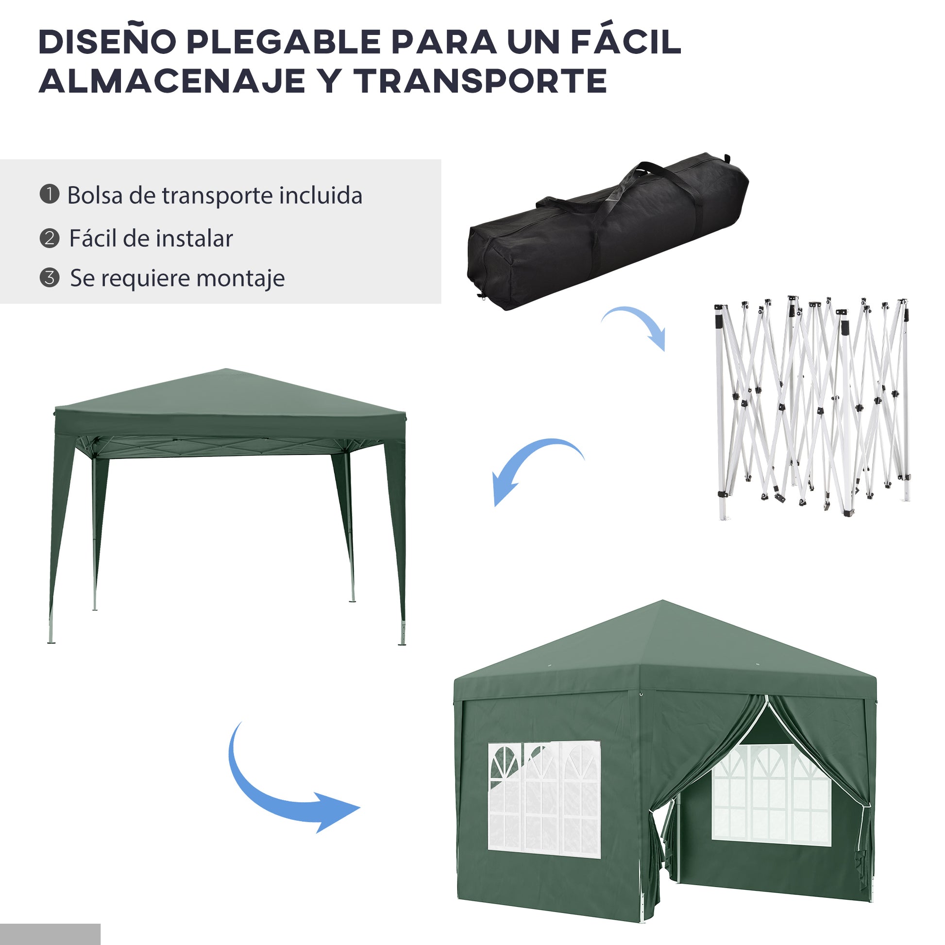 Carpa plegable 3x3, Cenador Jardín, Carpa Jardin, con 4 Paredes Desmontables Impermeable Protección UV, Verde, Outsunny, 3