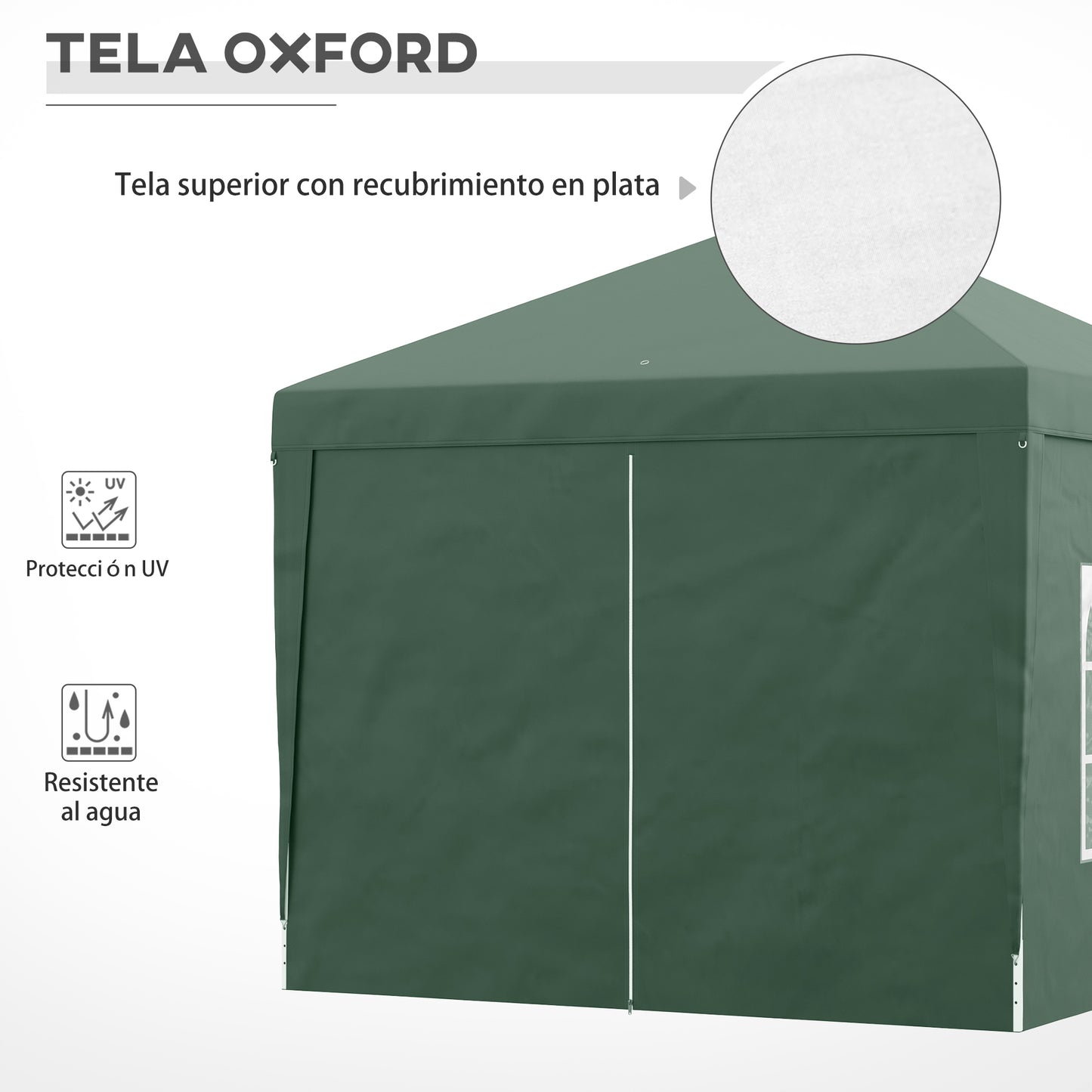 Carpa plegable 3x3, Cenador Jardín, Carpa Jardin, con 4 Paredes Desmontables Impermeable Protección UV, Verde, Outsunny, 5