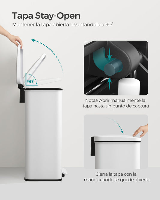 Cubo de basura, 40 L, grande con pedal, Cubo basura cocina, con tapa, incluye 15 bolsas de basura, Blanco, SONGMICS, 1