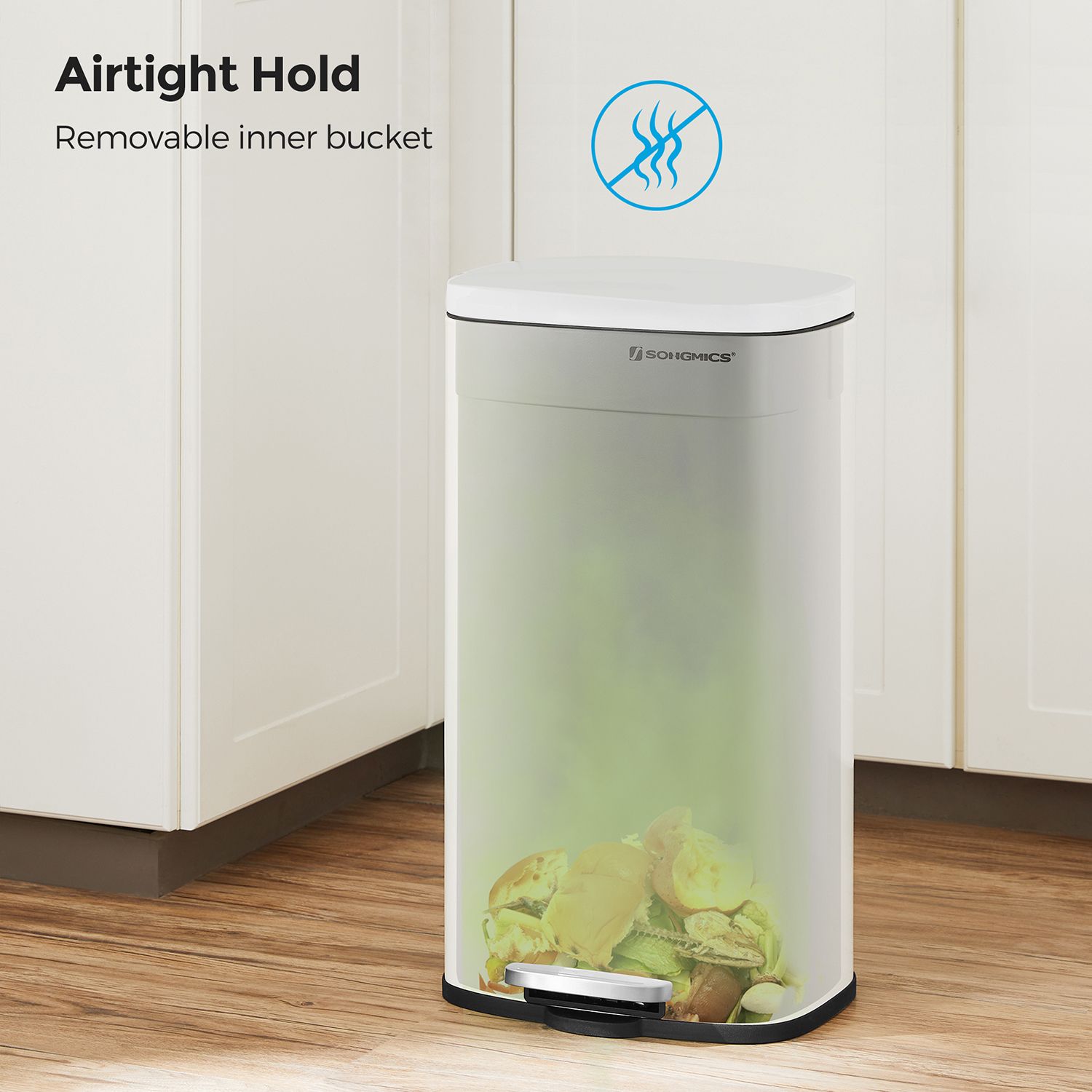 Cubo de Basura, 50 L, Cierre Suave, Cubo basura cocina, Pedal de Paso, Acero, Cubeta Interior, Blanco, SONGMICS, 6