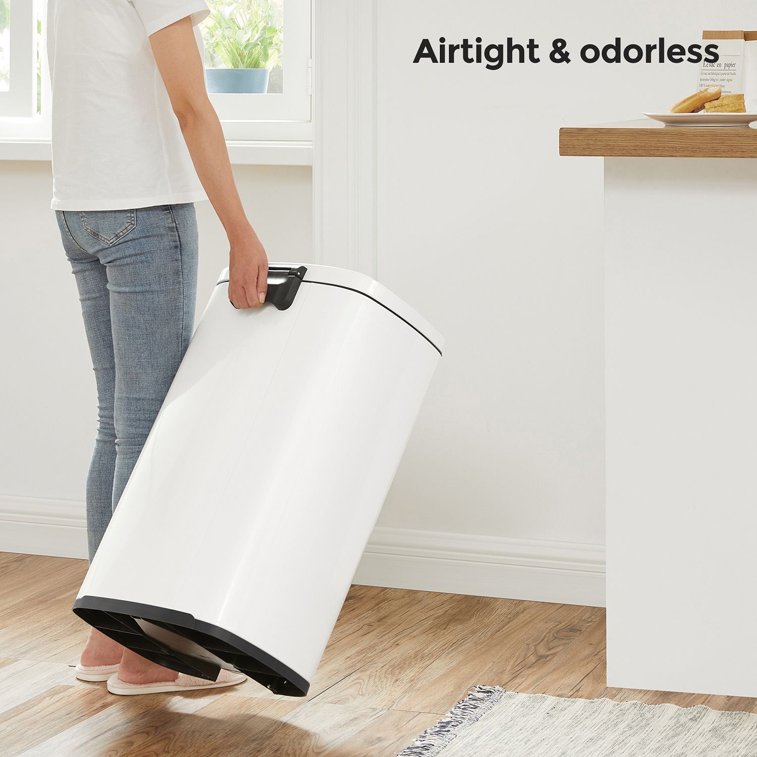 Cubo de Basura, 50 L, Cierre Suave, Cubo basura cocina, Pedal de Paso, Acero, Cubeta Interior, Blanco, SONGMICS, 4