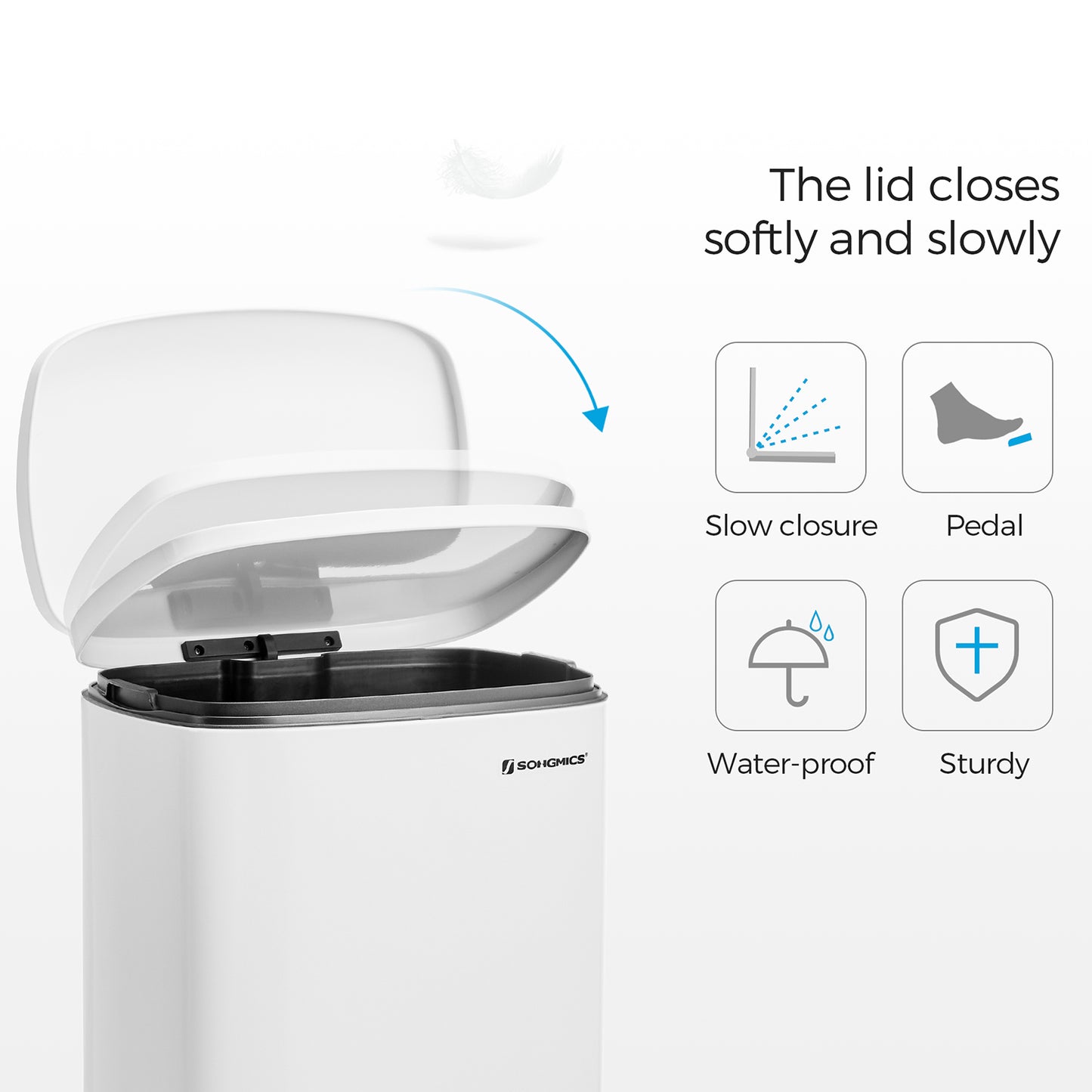 Cubo de Basura, 50 L, Cierre Suave, Cubo basura cocina, Pedal de Paso, Acero, Cubeta Interior, Blanco, SONGMICS, 5