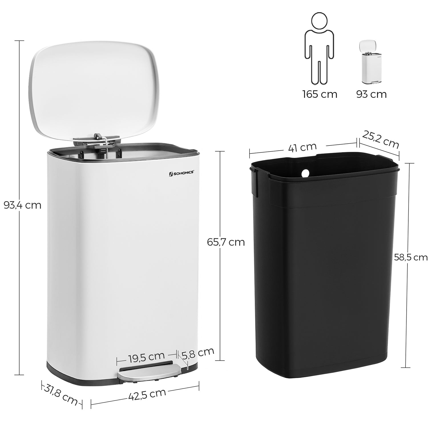 Cubo de Basura, 50 L, Cierre Suave, Cubo basura cocina, Pedal de Paso, Acero, Cubeta Interior, Blanco, SONGMICS, 7