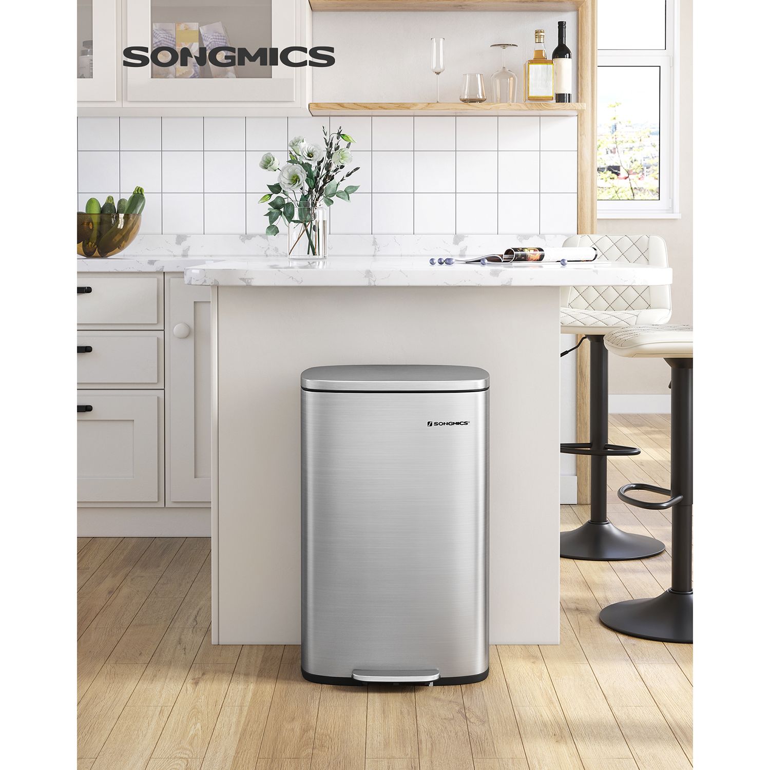 Cubo de Basura, 50 L, Cubo basura cocina, Cierre Suave, Pedal de Paso, Acero, Cubeta Interior, Plata, SONGMICS, 6