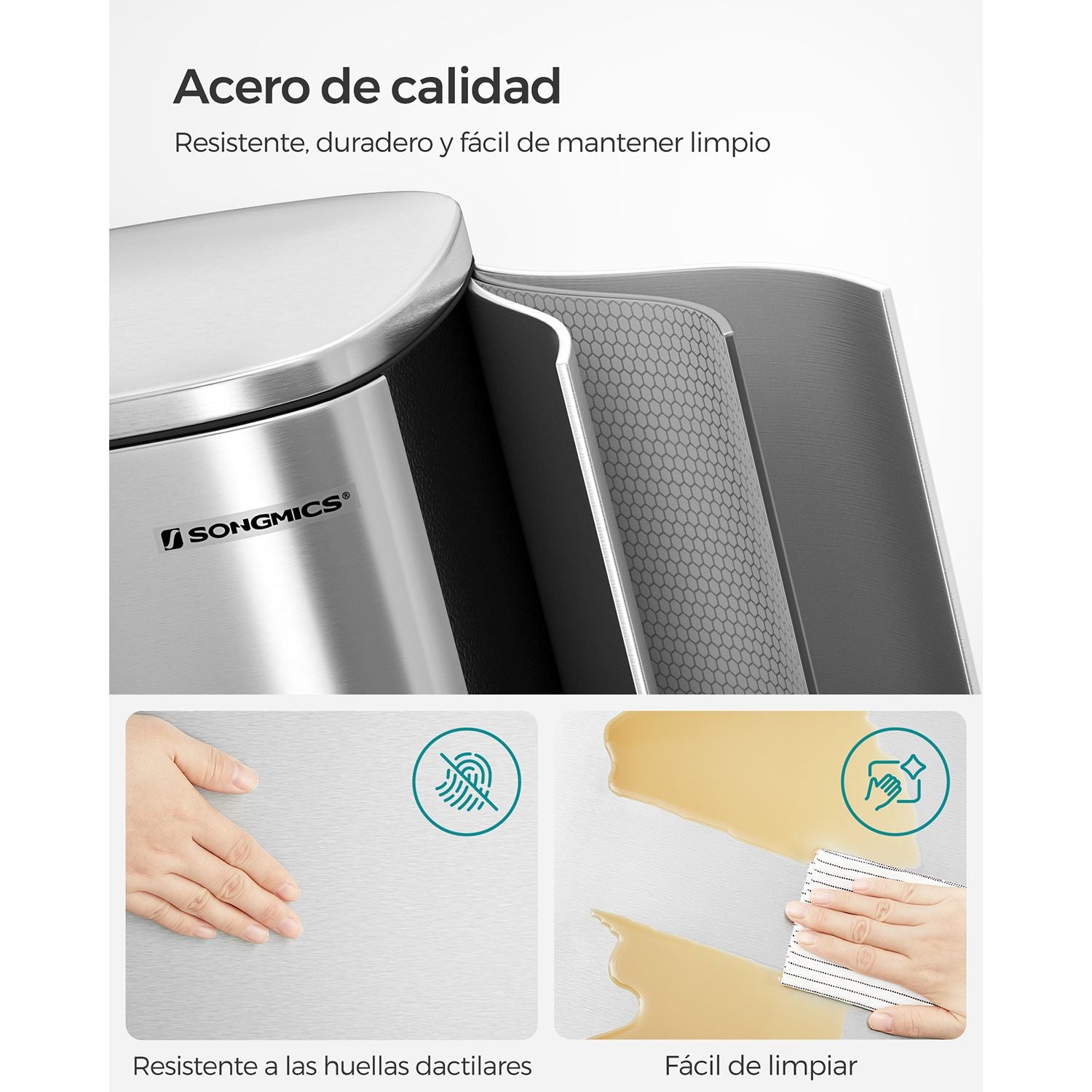 Cubo de Basura, 50 L, Cubo basura cocina, Cierre Suave, Pedal de Paso, Acero, Cubeta Interior, Plata, SONGMICS, 3