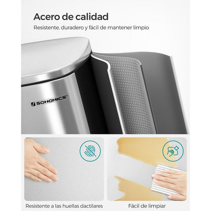 Cubo de Basura, 50 L, Cubo basura cocina, Cierre Suave, Pedal de Paso, Acero, Cubeta Interior, Plata, SONGMICS, 3