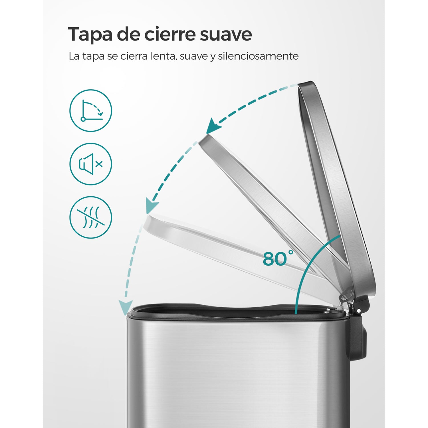 Cubo de Basura, 50 L, Cubo basura cocina, Cierre Suave, Pedal de Paso, Acero, Cubeta Interior, Plata, SONGMICS, 2