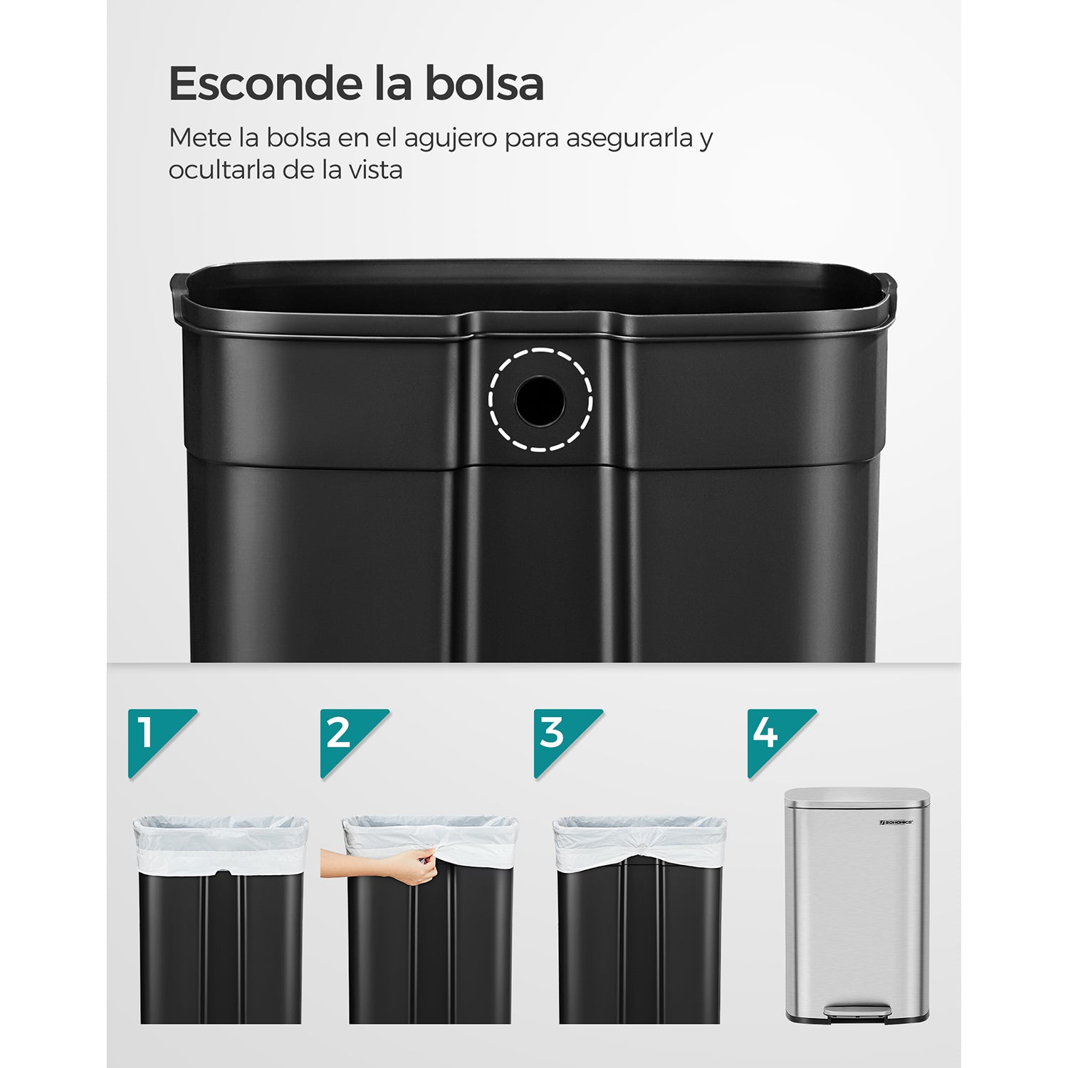 Cubo de Basura, 50 L, Cubo basura cocina, Cierre Suave, Pedal de Paso, Acero, Cubeta Interior, Plata, SONGMICS, 5