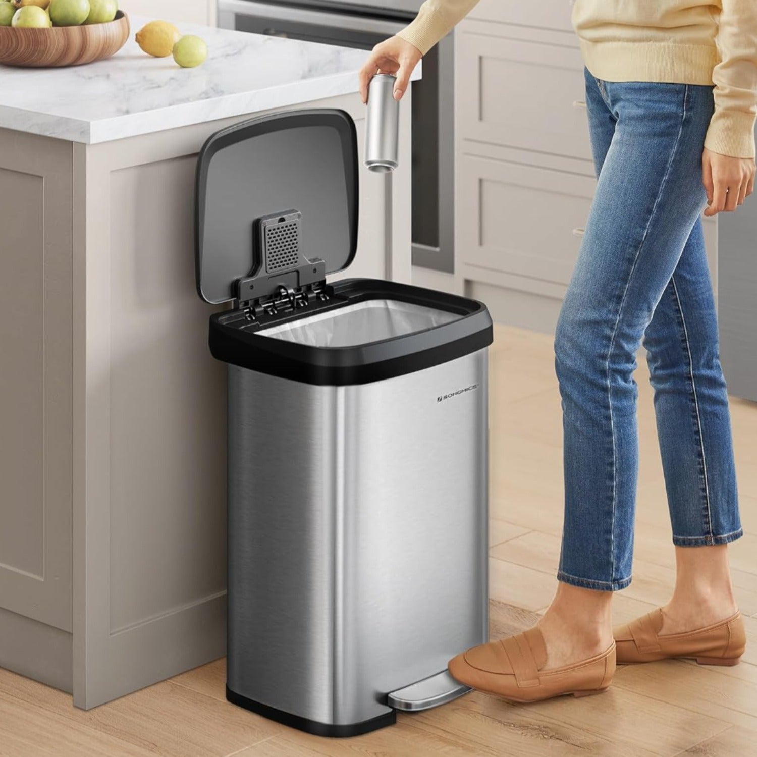 Cubo de Basura, 50 L, Cubo basura cocina, Tapas de Cierre Suave, Plata y Negro, SONGMICS