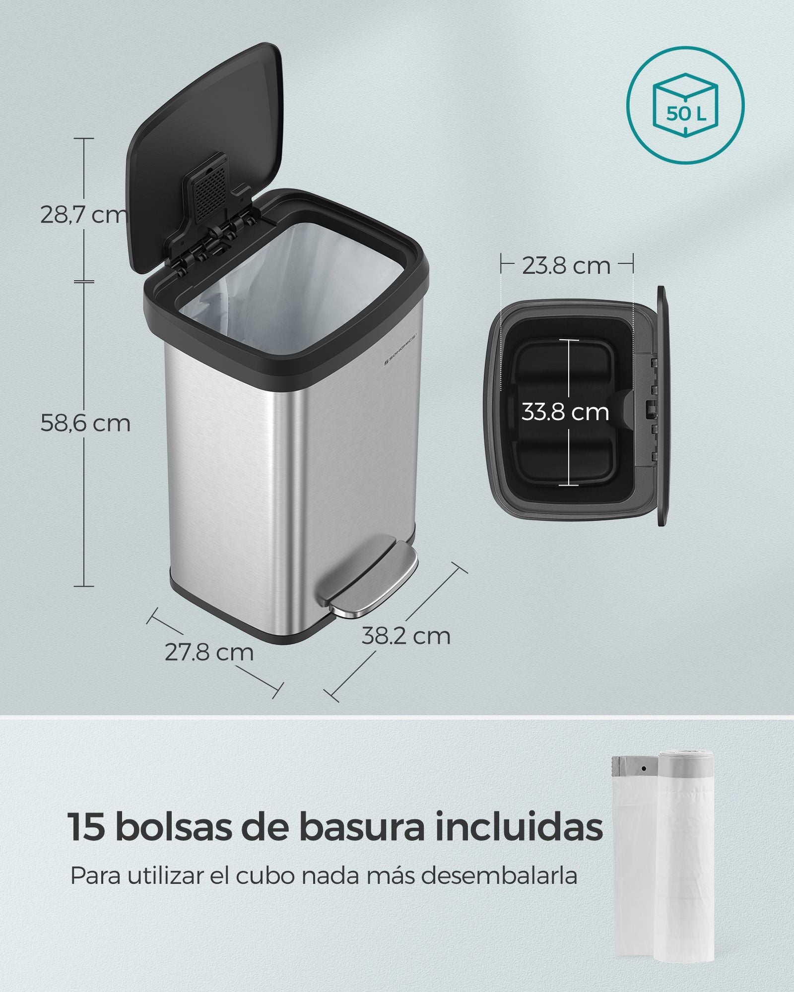 Cubo de Basura, 50 L, Cubo basura cocina, Tapas de Cierre Suave, Plata y Negro, SONGMICS, 6
