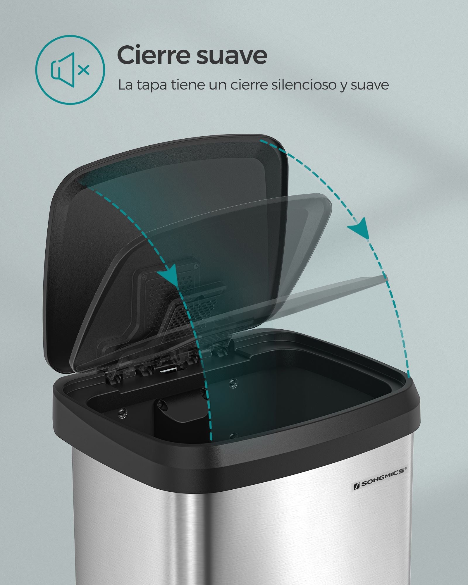 Cubo de Basura, 50 L, Cubo basura cocina, Tapas de Cierre Suave, Plata y Negro, SONGMICS, 2