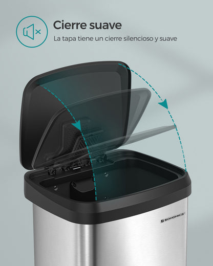 Cubo de Basura, 50 L, Cubo basura cocina, Tapas de Cierre Suave, Plata y Negro, SONGMICS, 2