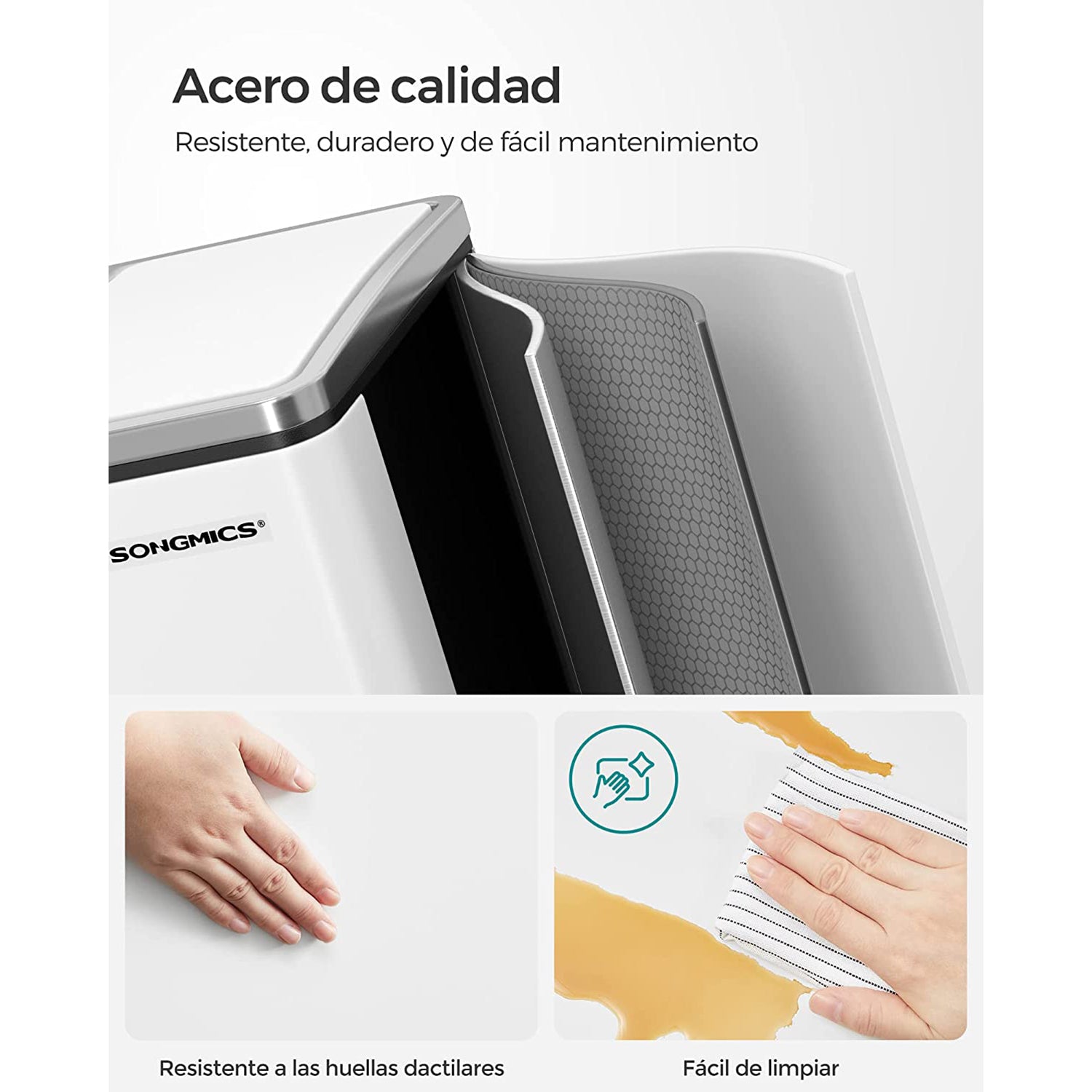 Cubo de Basura, 2x15 L, Cubo basura reciclaje, Cubo basura cocina, con Cubeta Doble, con Pedal, Acero, Blanco, SONGMICS, 7