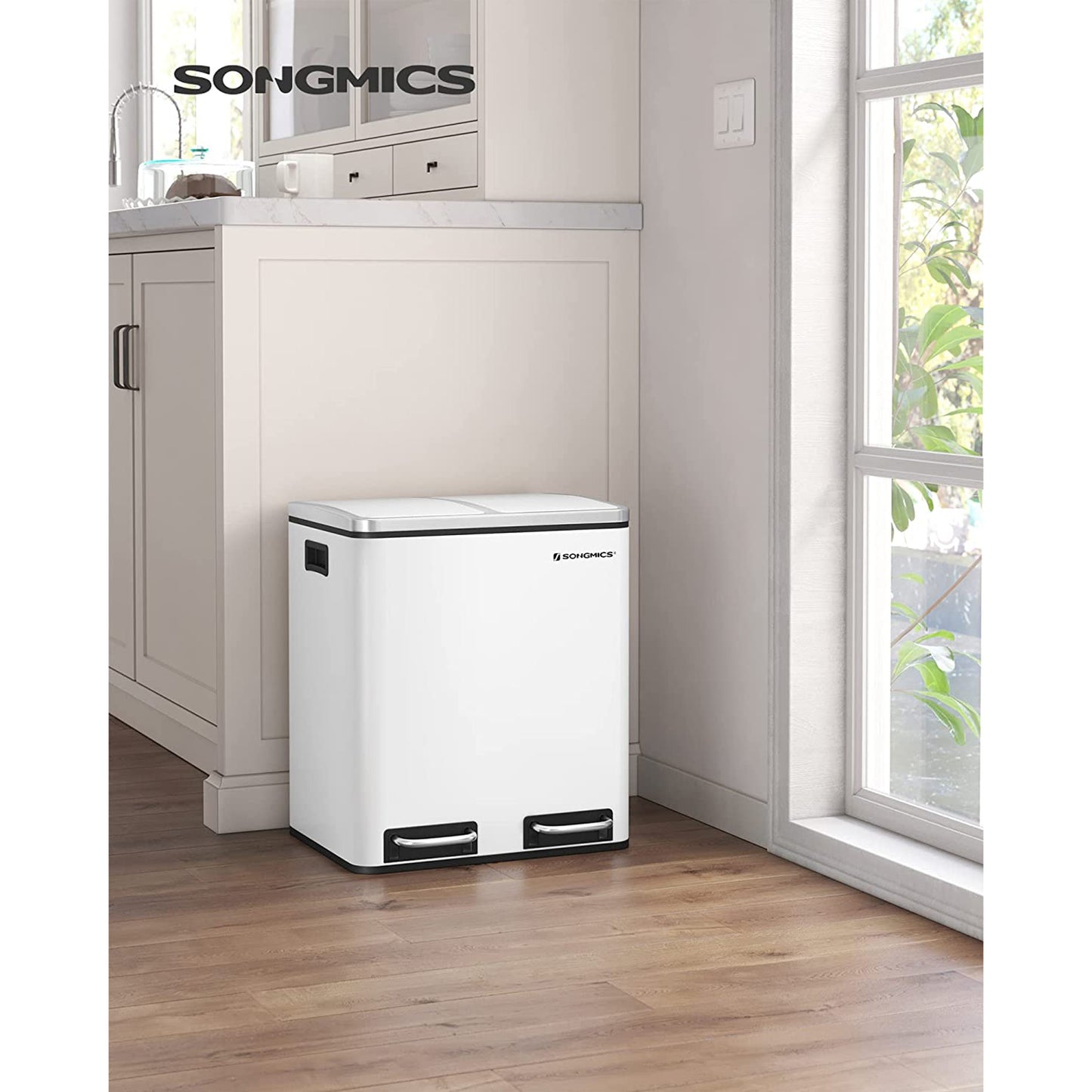 Cubo de Basura, 2x15 L, Cubo basura reciclaje, Cubo basura cocina, con Cubeta Doble, con Pedal, Acero, Blanco, SONGMICS, 8