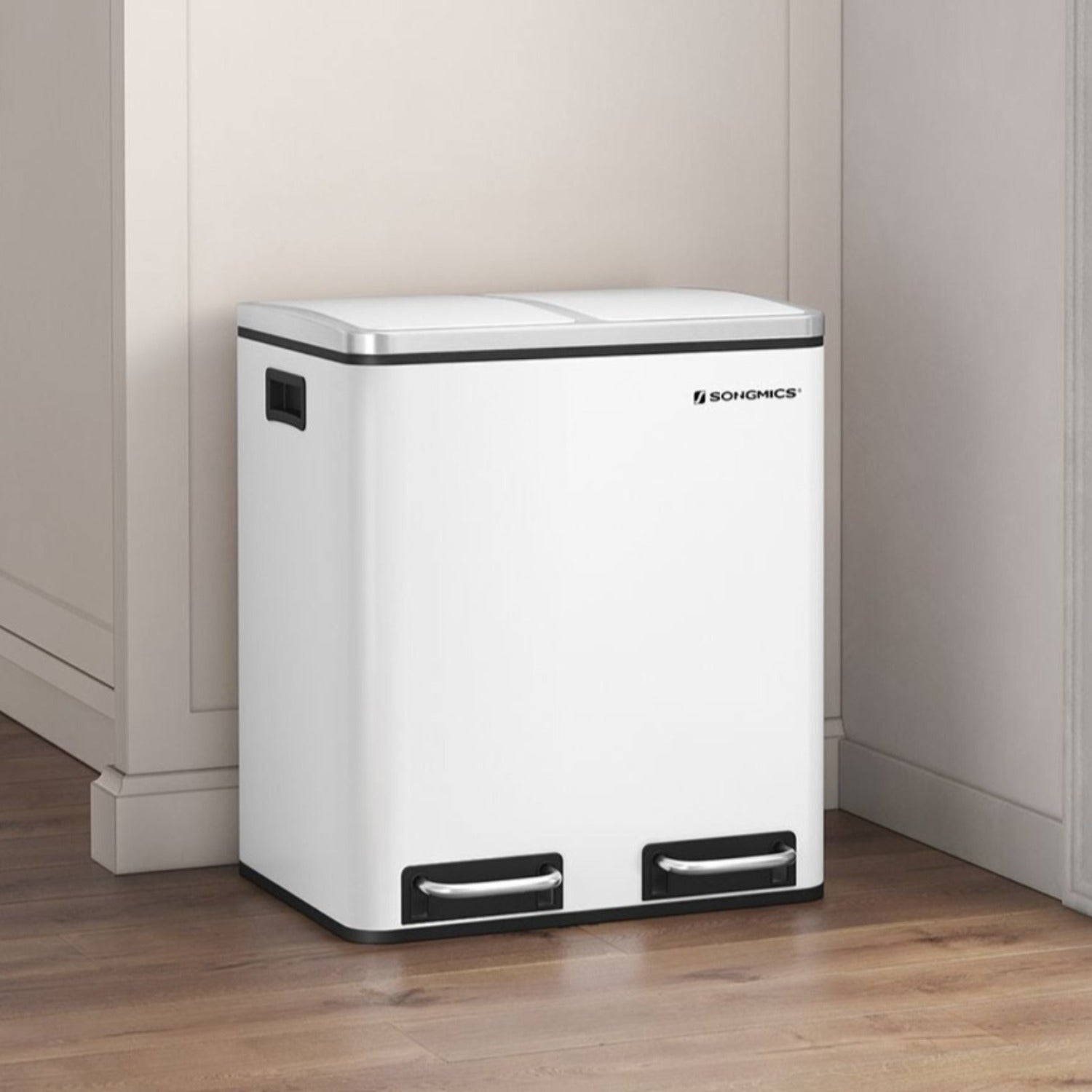 Cubo de Basura, 2x15 L, Cubo basura reciclaje, Cubo basura cocina, con Cubeta Doble, con Pedal, Acero, Blanco, SONGMICS