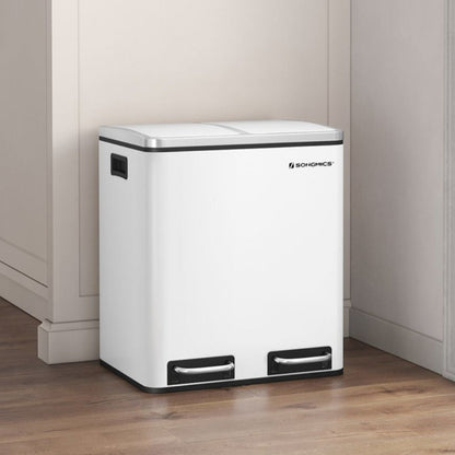 Cubo de Basura, 2x15 L, Cubo basura reciclaje, Cubo basura cocina, con Cubeta Doble, con Pedal, Acero, Blanco, SONGMICS